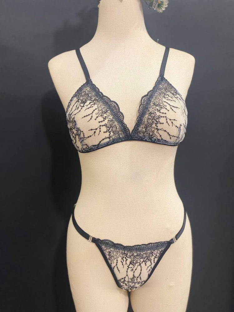 Handmade in Istanbul - Black Botanical Embroidery Lingerie Set, Sheer White Tattoo Lace Bralette Thong (Made to Order)