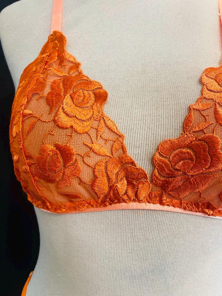 Orange Lace Bralette Set, Handmade Sheer Lingerie, Floral Lace Thong Set, Sexy Lingerie, Festival Underwear, Gift for Her