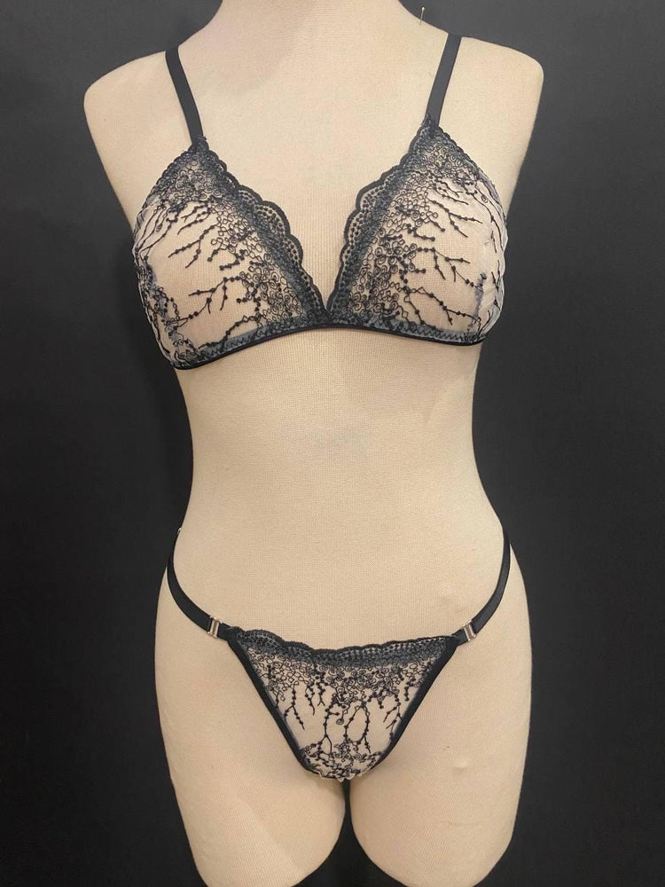 Handmade in Istanbul - Black Botanical Embroidery Lingerie Set, Sheer White Tattoo Lace Bralette Thong (Made to Order)