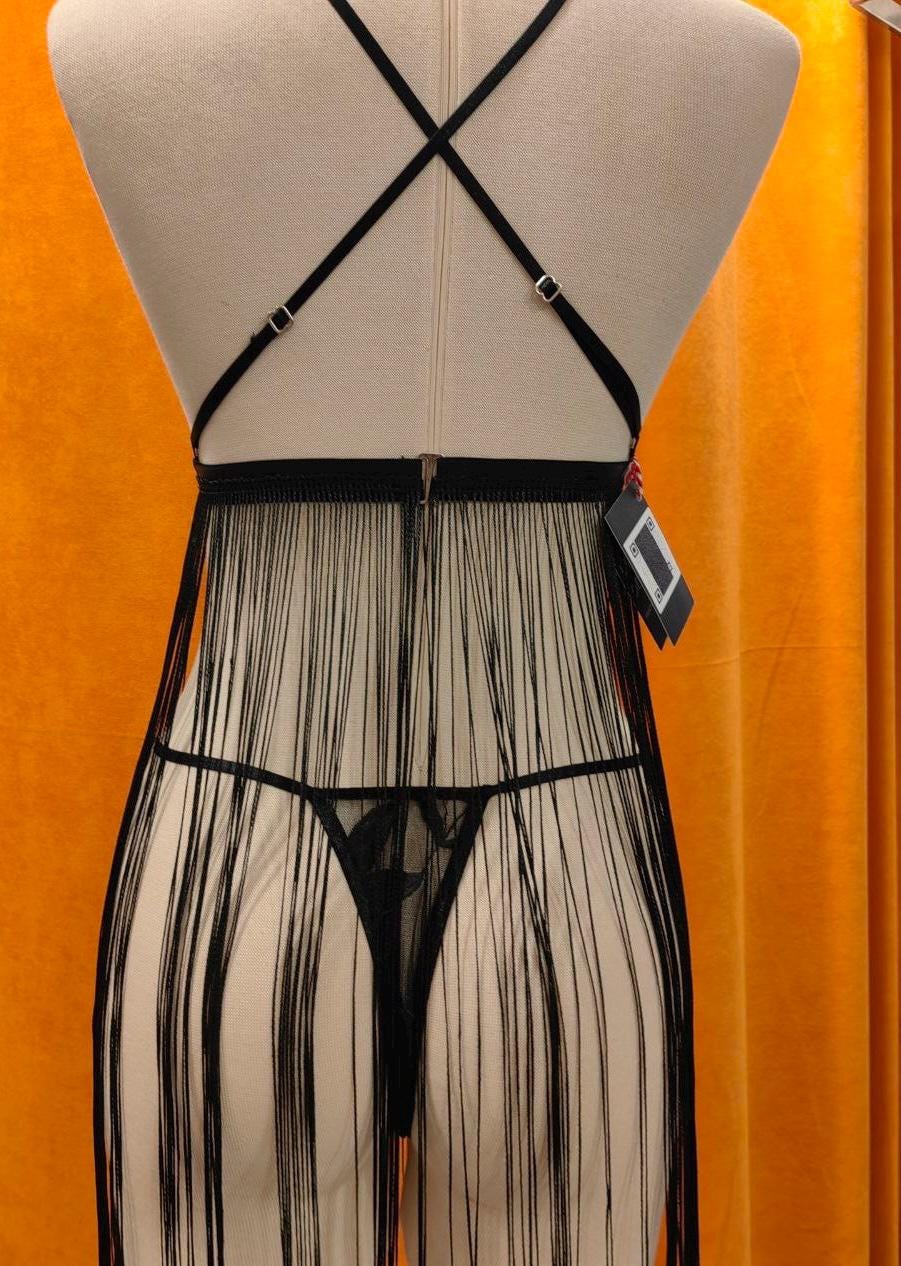 Handmade Black Lace Fringe Lingerie Set – Embroidered Floral 1920’s dress