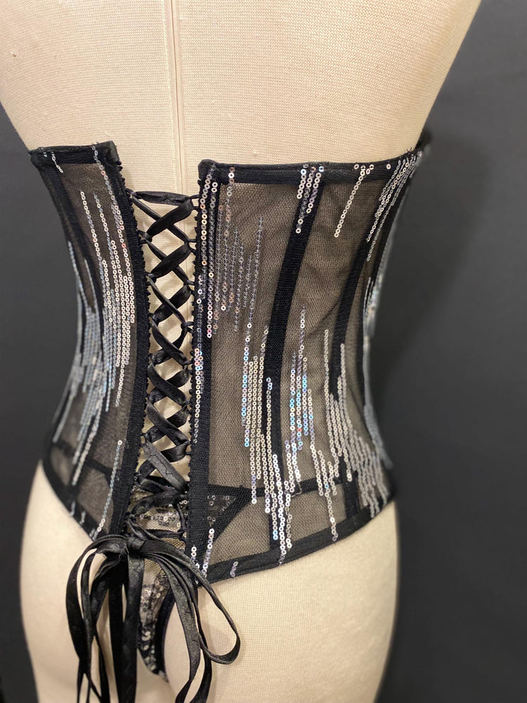 Black Sequin Sheer Corset Top, Strapless Sweetheart Bustier, Festival Lingerie
