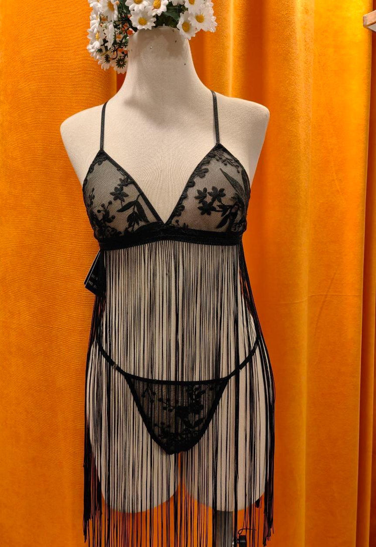 Handmade Black Lace Fringe Lingerie Set – Embroidered Floral 1920’s dress