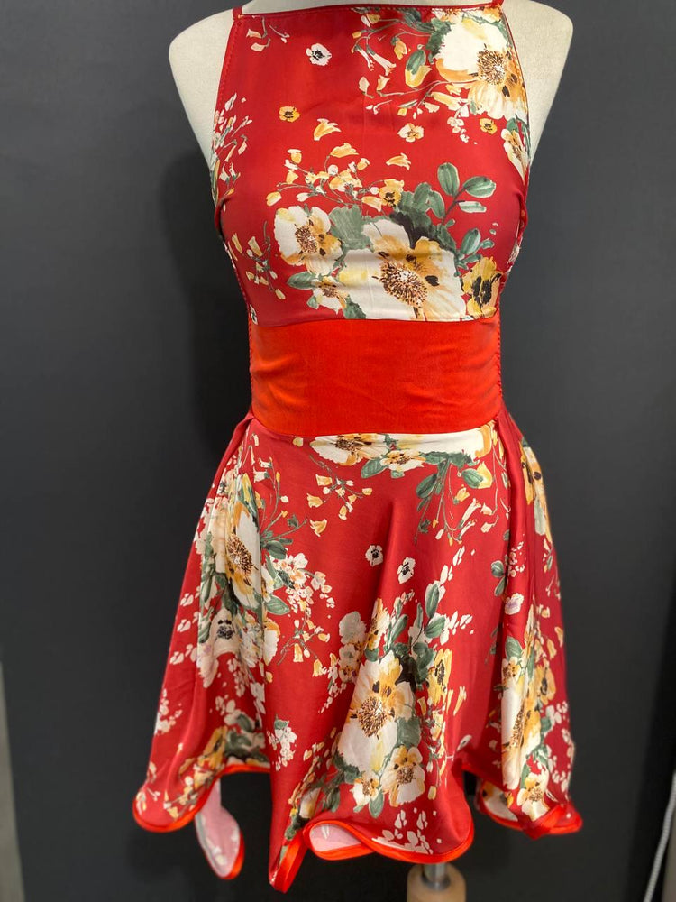 Red Floral Cupro Halter Mini Dress, Open Back, Adjustable Straps