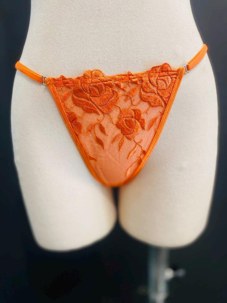 Orange Lace Bralette Set, Handmade Sheer Lingerie, Floral Lace Thong Set, Sexy Lingerie, Festival Underwear, Gift for Her