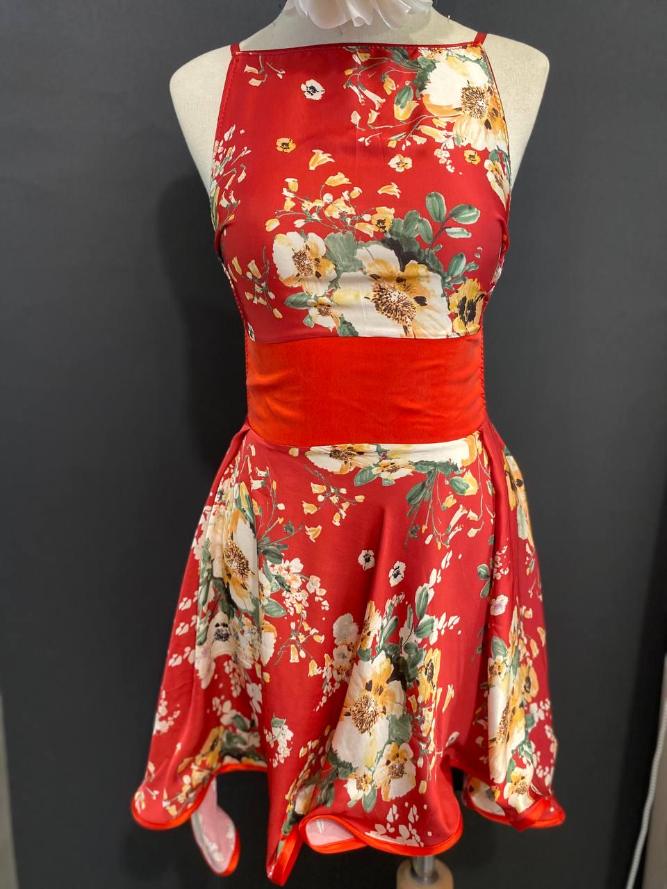 Red Floral Cupro Halter Mini Dress, Open Back, Adjustable Straps