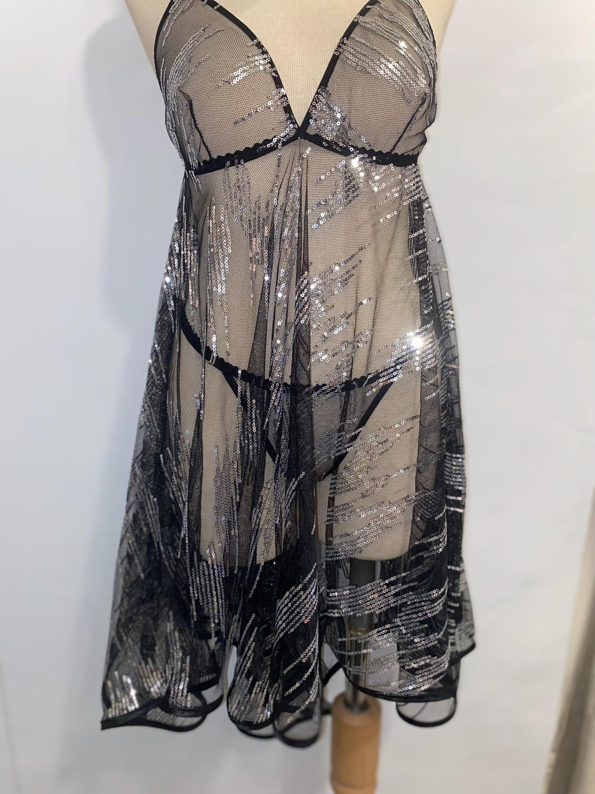 Black Sheer Sequin Babydoll Lingerie Set – Adjustable Thong – Silver Sequin Mesh Nightdress