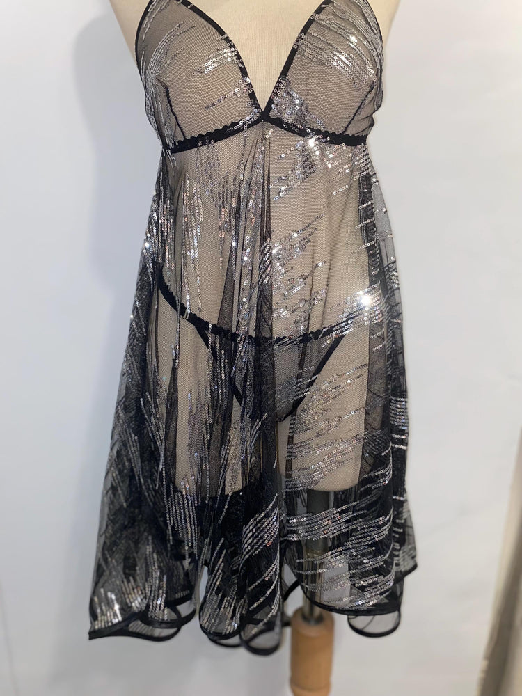 Black Sheer Sequin Babydoll Lingerie Set – Adjustable Thong – Silver Sequin Mesh Nightdress