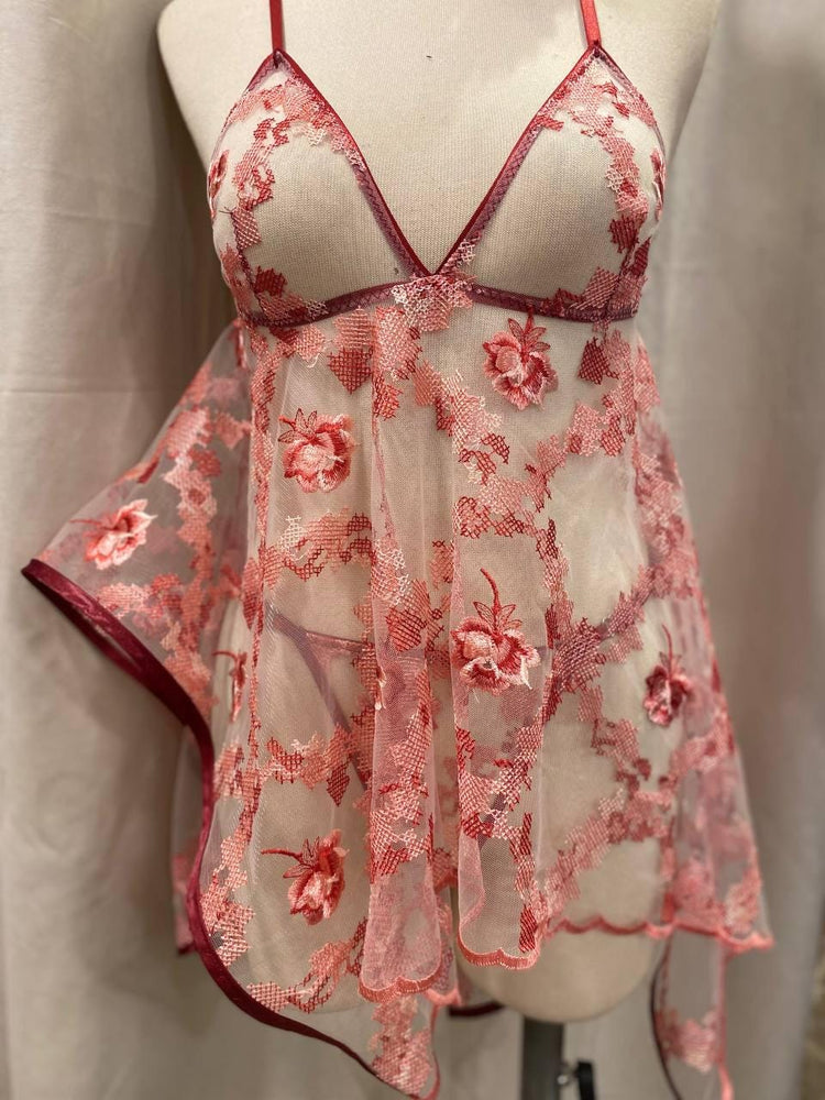 Handmade in İstanbul Red Floral Lingerie Set, Sheer Mesh Babydoll, Embroidered Bridal Lingerie, Adjustable Thong, Honeymoon Nightdress Gift