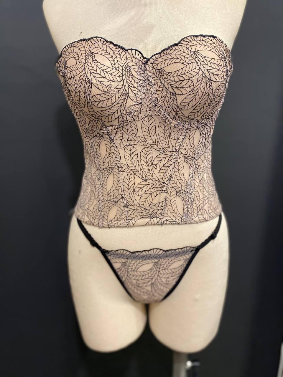 Embroidered Leaf Corset Top with Matching Panty | Nude Mesh Bustier Set | Black Botanical Lace Bodice | Fairycore Gothic Lingerie