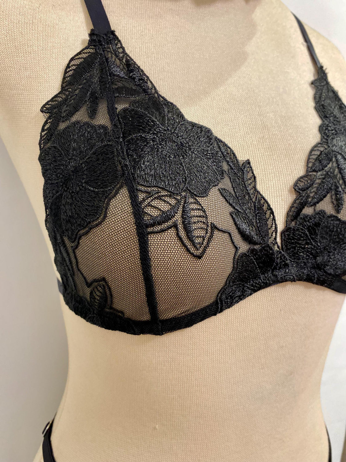 Handmade in Istanbul - Sheer Mesh Bra & Thong - Handmade Black Rose Embroidered Lingerie Set