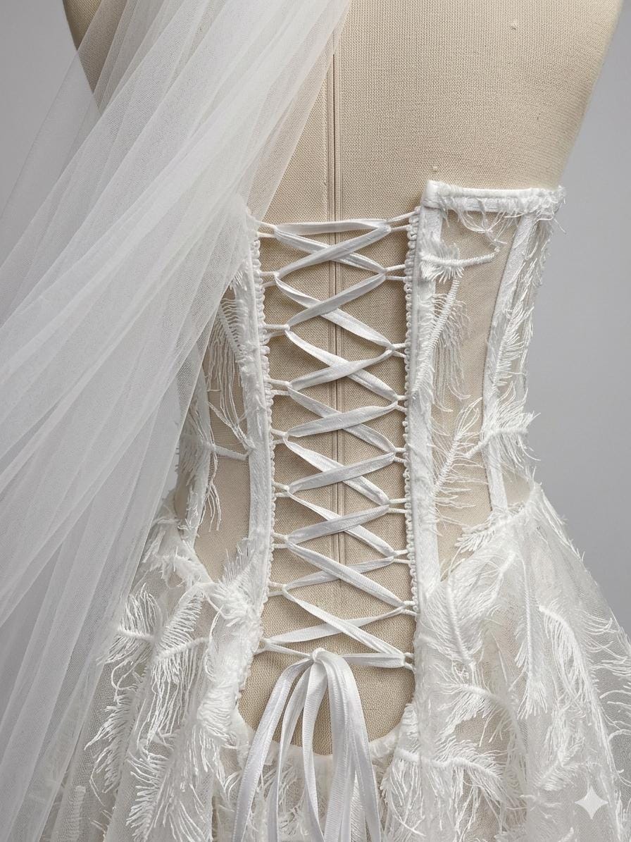 Feather Embroidered Corset Mini Wedding Dress, Strapless Bridal Gown, Elopement Reception Dress