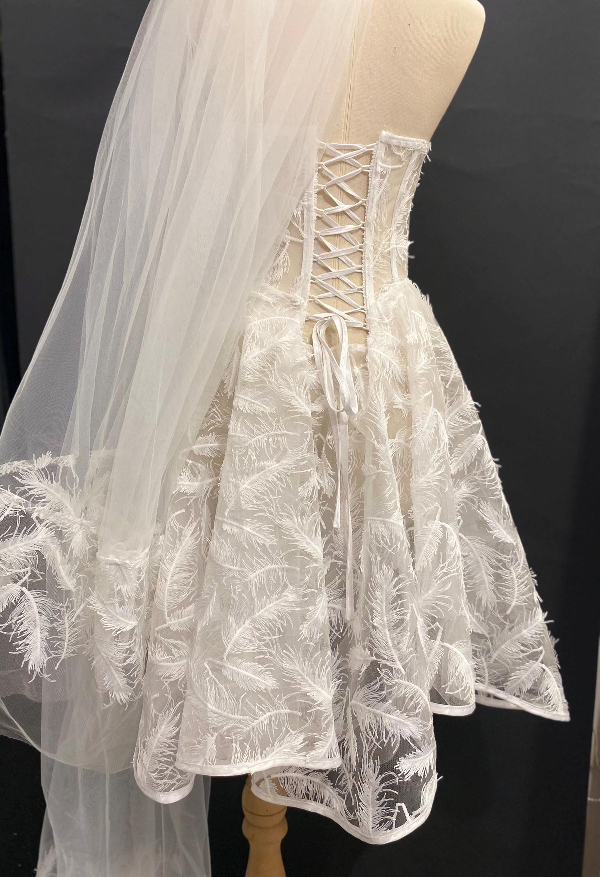 Feather Embroidered Corset Mini Wedding Dress, Strapless Bridal Gown, Elopement Reception Dress