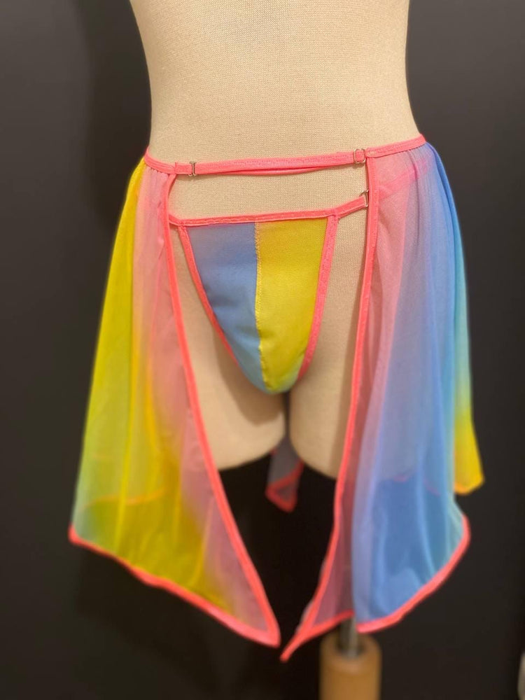 Rainbow Sheer Skirted Thong | Adjustable Gender Inclusive Lingerie | Handmade Pride Lingerie | Festival Mesh Underwear | Beyond Labels