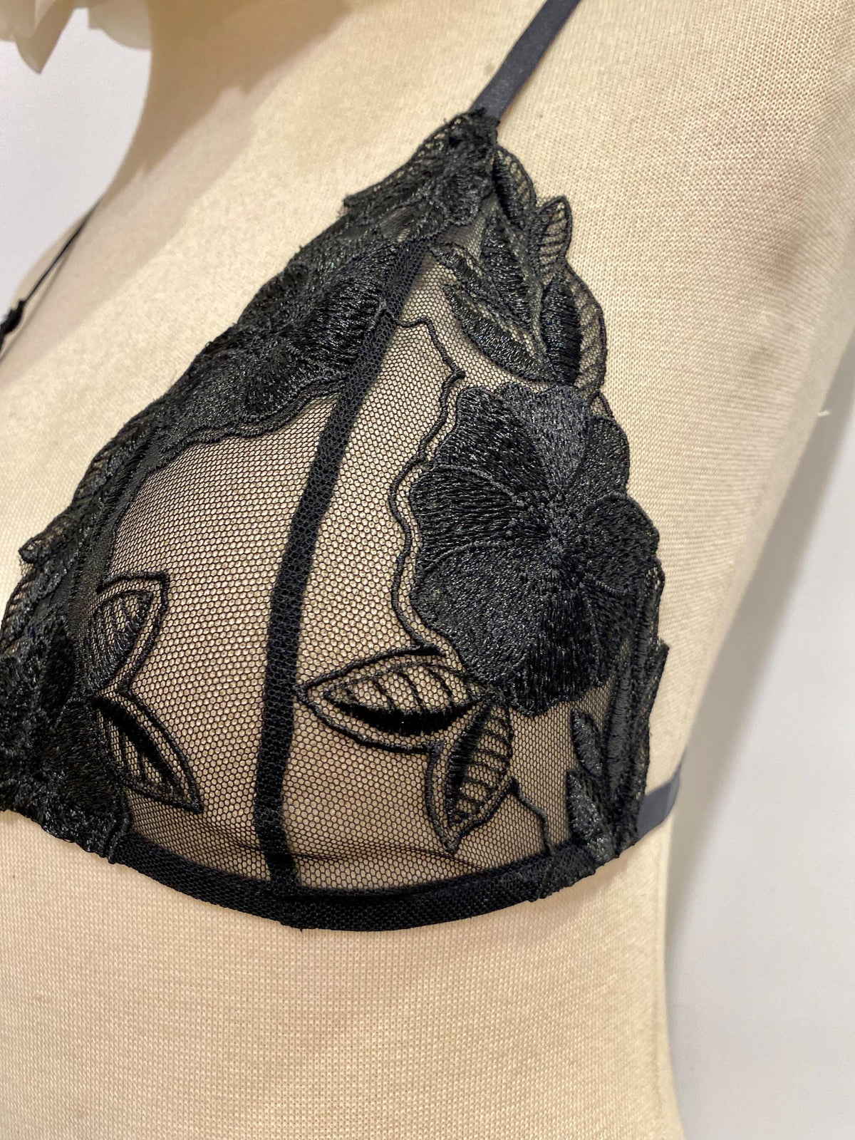 Handmade in Istanbul - Sheer Mesh Bra & Thong - Handmade Black Rose Embroidered Lingerie Set