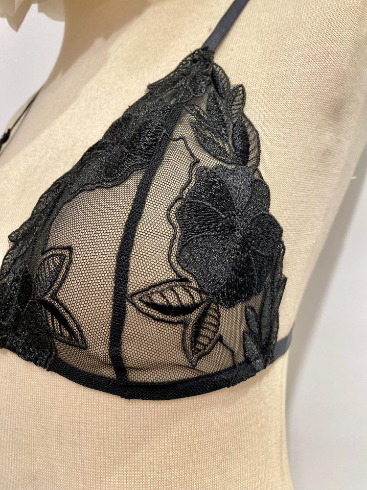 Handmade in Istanbul - Sheer Mesh Bra & Thong - Handmade Black Rose Embroidered Lingerie Set