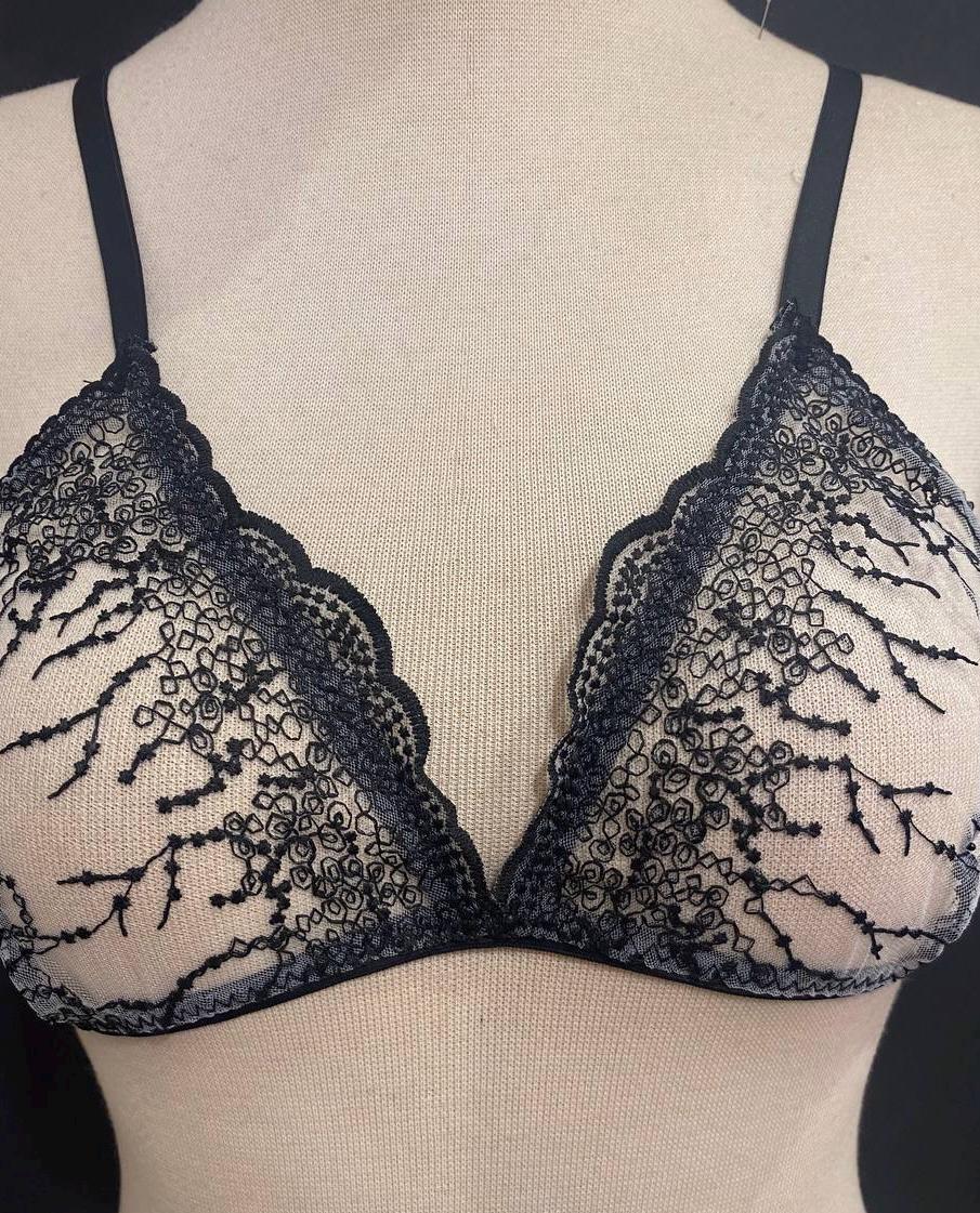 Handmade in Istanbul - Black Botanical Embroidery Lingerie Set, Sheer White Tattoo Lace Bralette Thong (Made to Order)