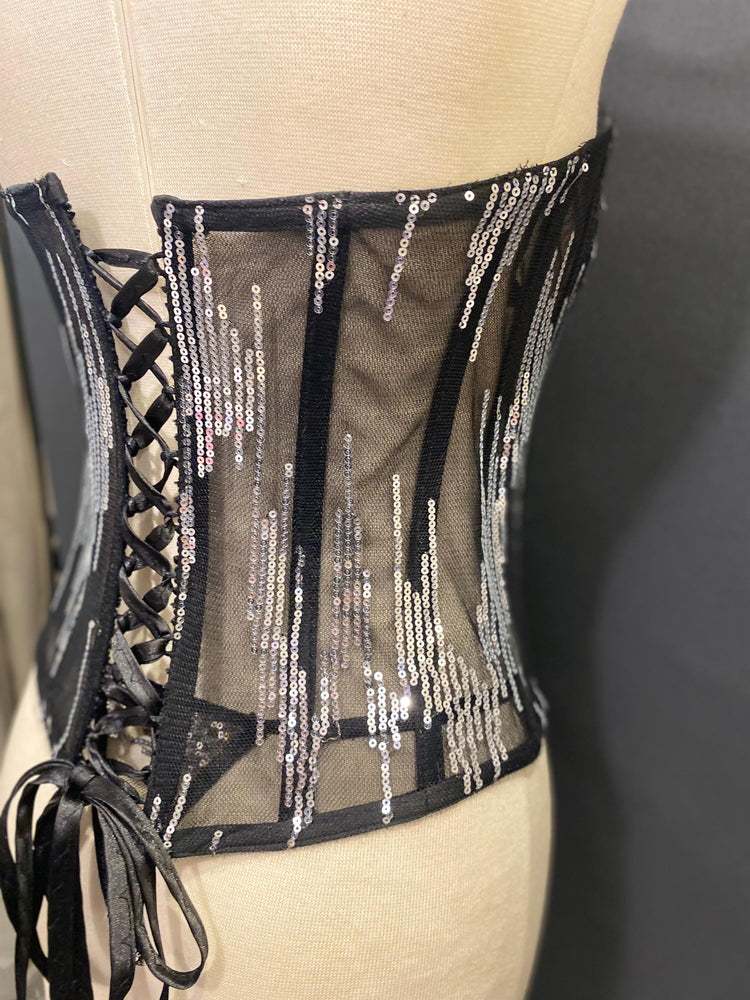Black Sequin Sheer Corset Top, Strapless Sweetheart Bustier, Festival Lingerie