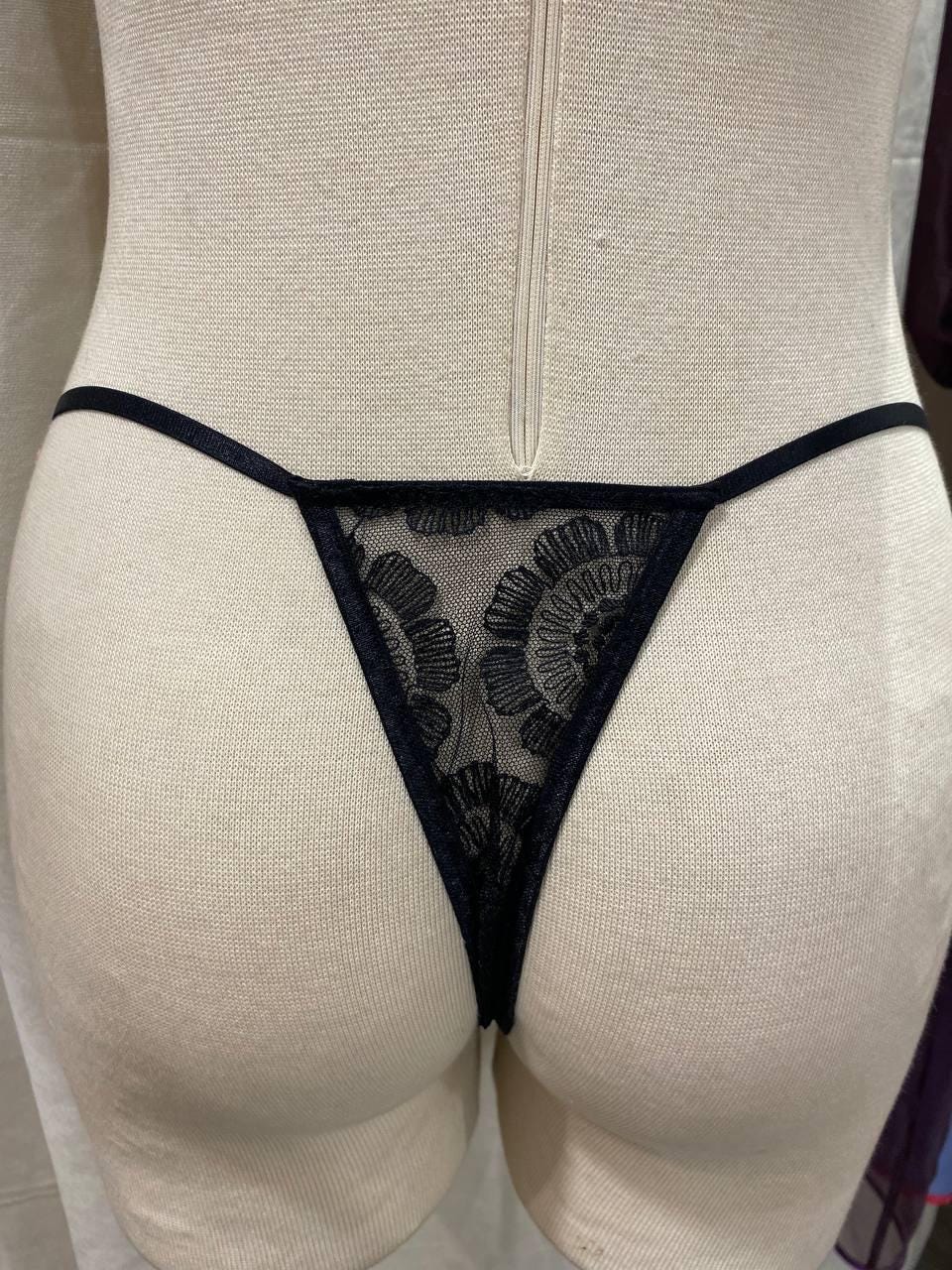 Handmade in İstanbul Black Sheer Floral Embroidered Thong