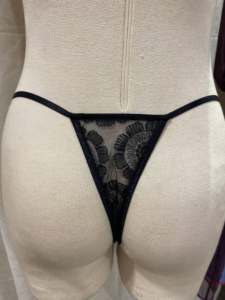 Handmade in İstanbul Black Sheer Floral Embroidered Thong