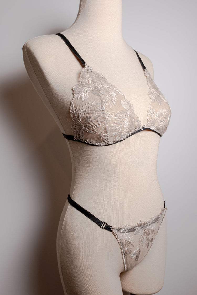 Handmade in İstanbul Ivory Floral Lace Lingerie Set, Handmade Sheer Bra and Thong