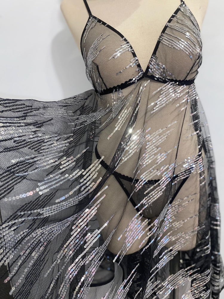 Black Sheer Sequin Babydoll Lingerie Set – Adjustable Thong – Silver Sequin Mesh Nightdress