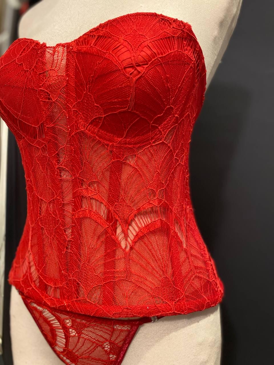 Red Lace Corset and Thong Set, Gothic Victorian Bustier,Bridal Lingerie