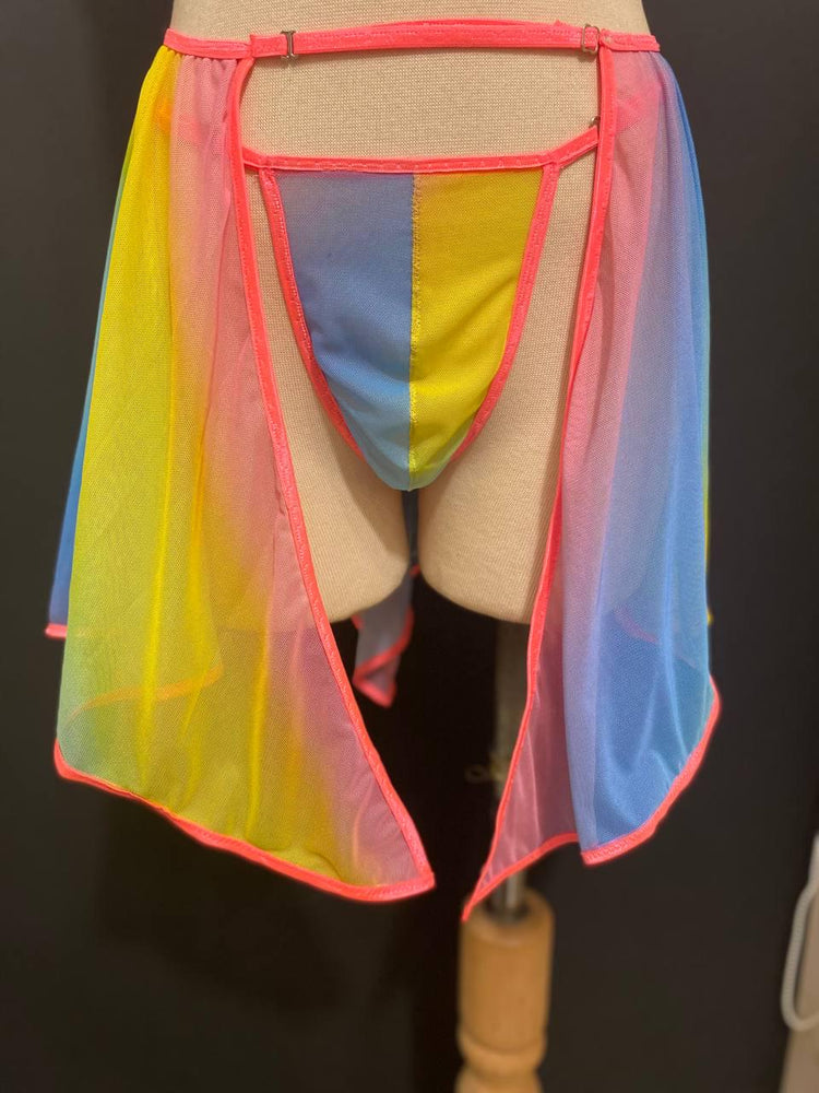 Rainbow Sheer Skirted Thong | Adjustable Gender Inclusive Lingerie | Handmade Pride Lingerie | Festival Mesh Underwear | Beyond Labels