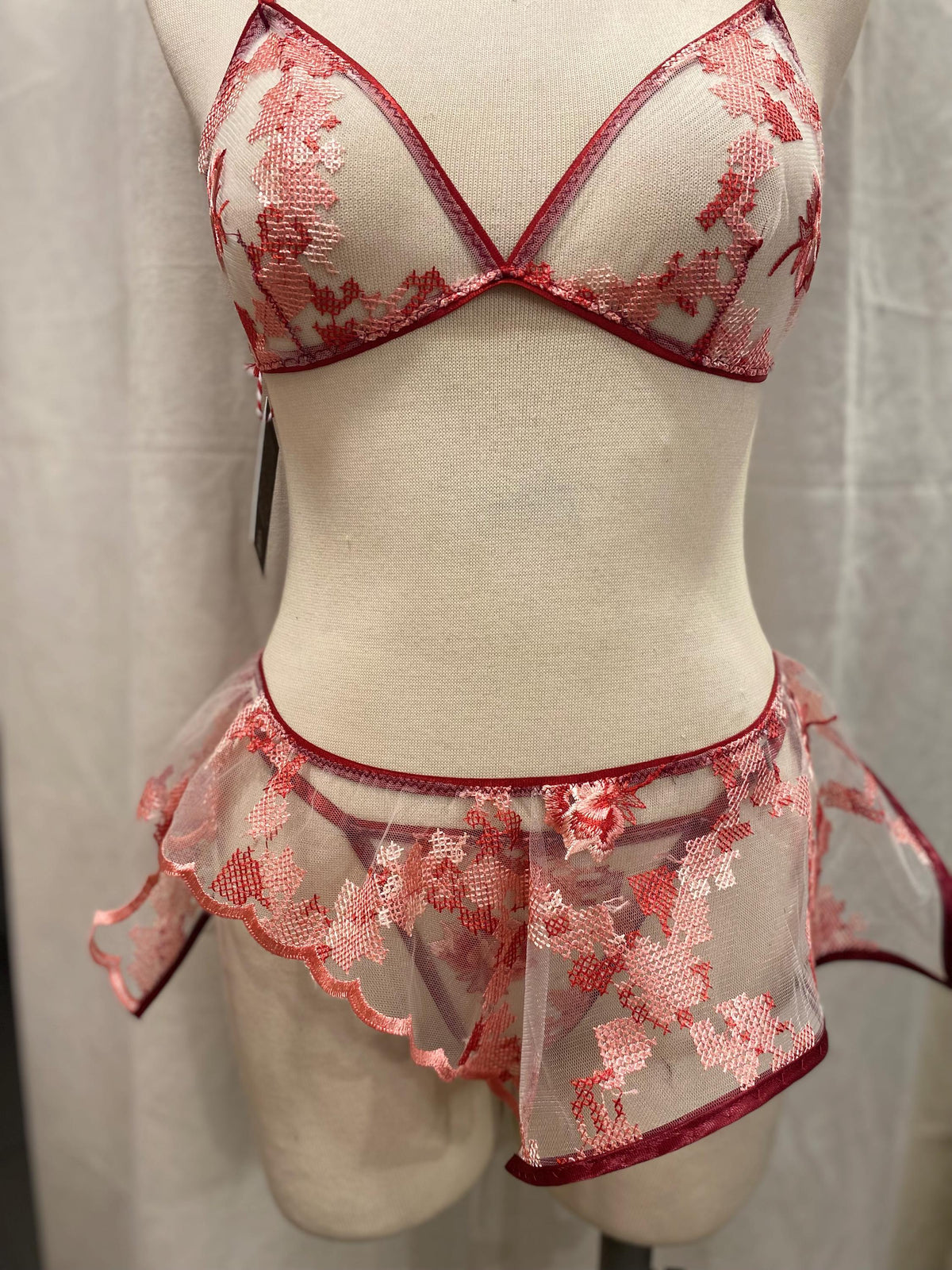 Red Sheer Lingerie Set, Embroidered Mesh Bralette, Bridal Lingerie Set