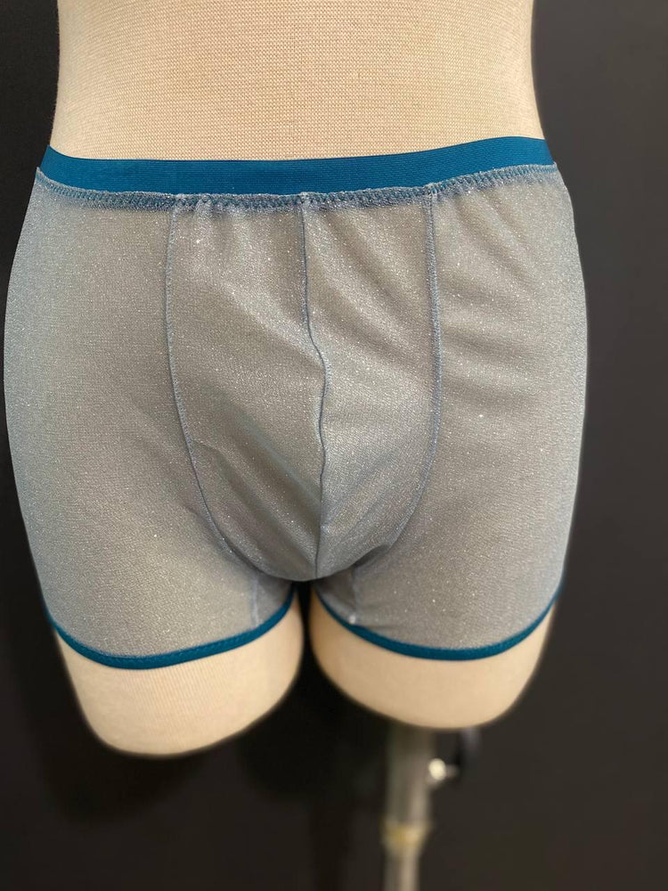 Silver Glitter Men’s Boxer Brief | Luxury Sheer Mesh Underwear | Handmade Designer Lingerie | Transparent Lurex Boxer