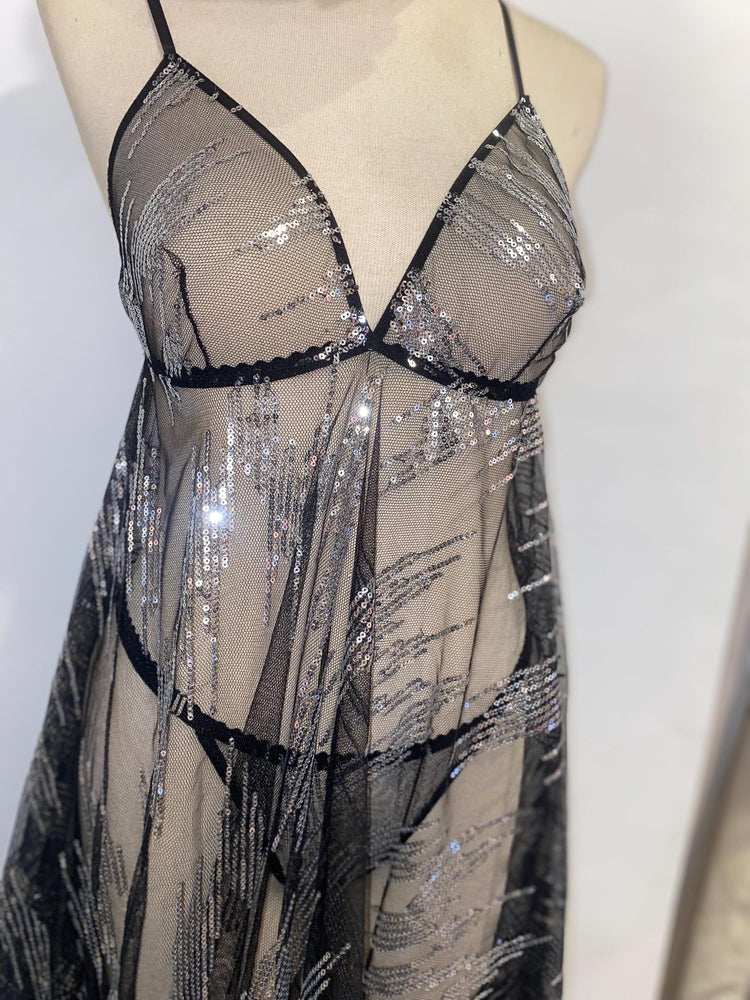 Black Sheer Sequin Babydoll Lingerie Set – Adjustable Thong – Silver Sequin Mesh Nightdress
