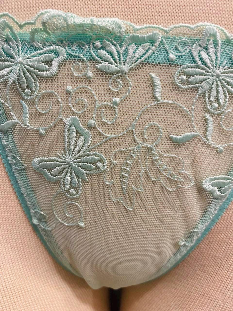 Aqua Blue Butterfly Lace Lingerie Set, Sheer Bralette Thong, Handmade Bridal Boudoir