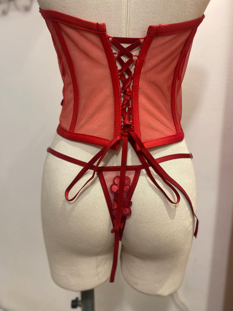 Red 3D Floral Corset Lingerie Set • Mesh Bustier with Appliqué Flowers • Christmas Gift for Her • Sexy Holiday Outfit
