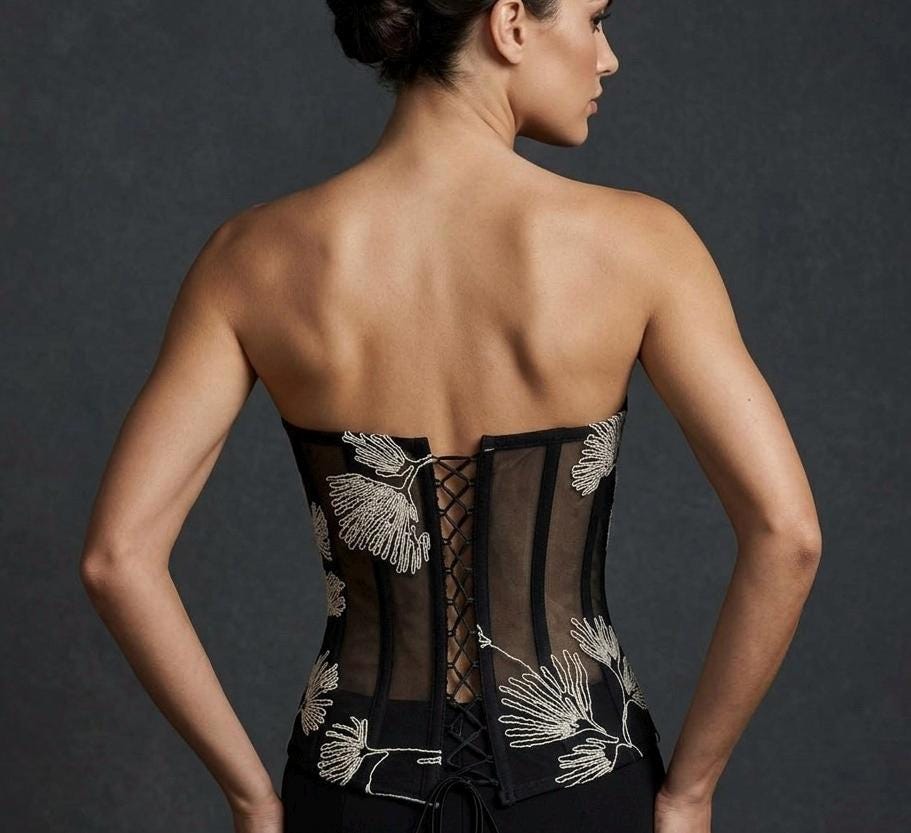Embroidered Black Mesh Corset Top, Floral Line Art Bustier, Sheer Victorian Boned Bodice, Gothic Chic Strapless Top