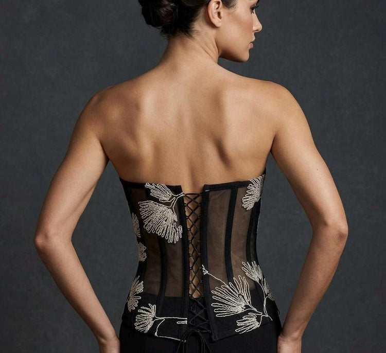 Embroidered Black Mesh Corset Top, Floral Line Art Bustier, Sheer Victorian Boned Bodice, Gothic Chic Strapless Top