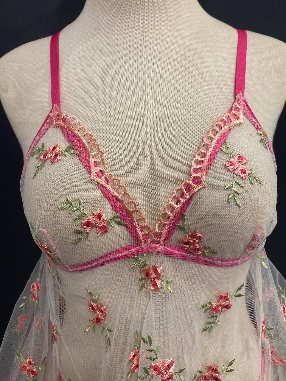 Embroidered Floral Lingerie Set, Sheer Babydoll Skirt, Pink Lace Bridal Nightgown
