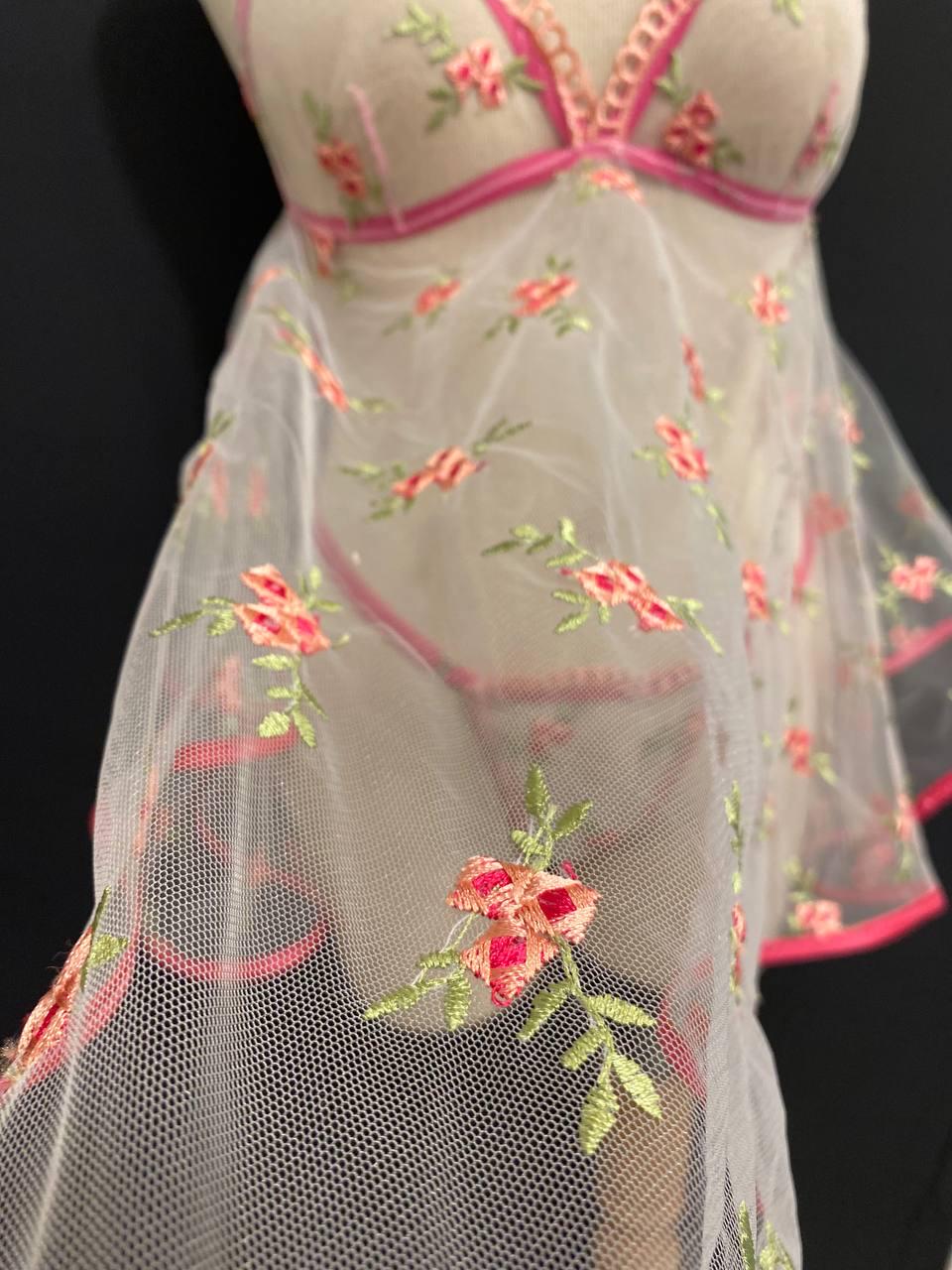 Embroidered Floral Lingerie Set, Sheer Babydoll Skirt, Pink Lace Bridal Nightgown