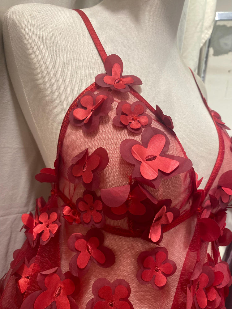 Handmade in İstanbul Red Sheer Babydoll Lingerie – Floral Applique Mesh Nightdress