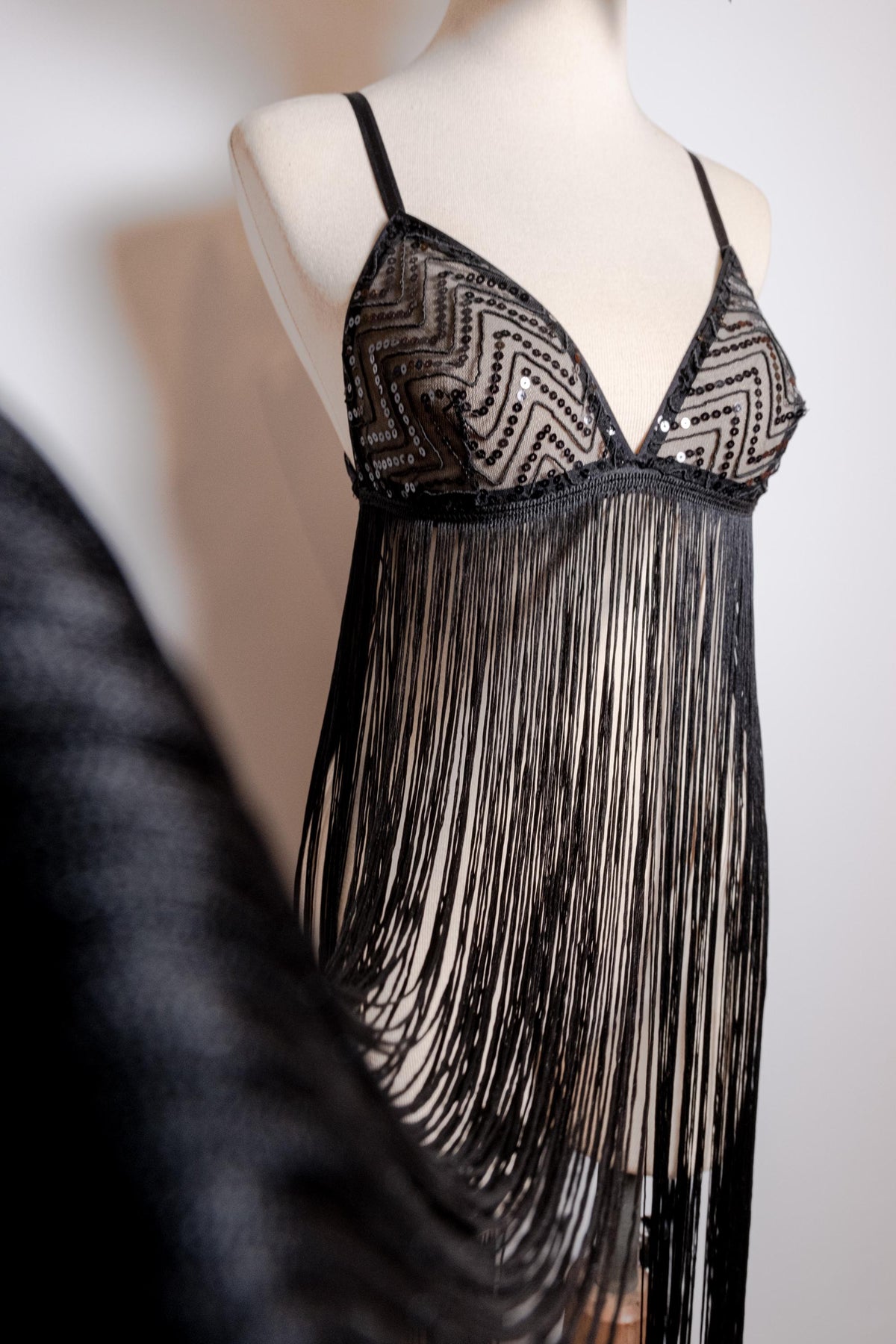 Handmade in İstanbul Sequin Mesh, 1920s Flapper Style Handmade Black Fringe Lingerie