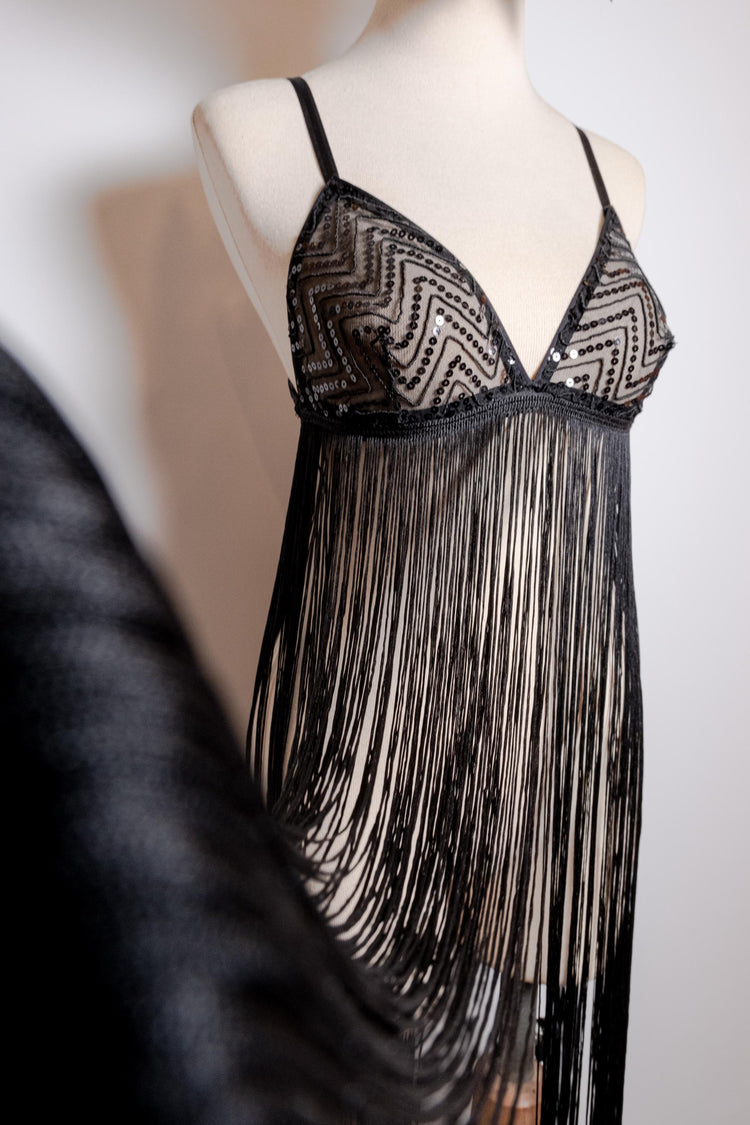 Handmade in İstanbul Sequin Mesh, 1920s Flapper Style Handmade Black Fringe Lingerie