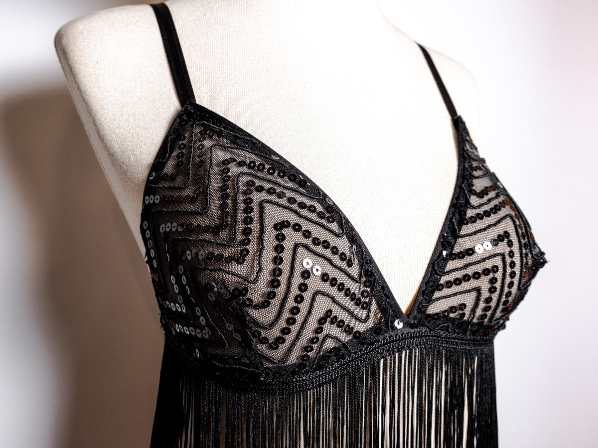 Handmade in İstanbul Sequin Mesh, 1920s Flapper Style Handmade Black Fringe Lingerie