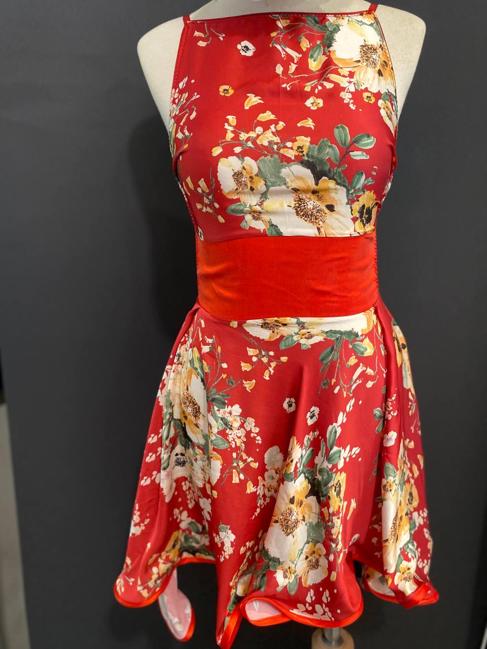 Red Floral Cupro Halter Mini Dress, Open Back, Adjustable Straps