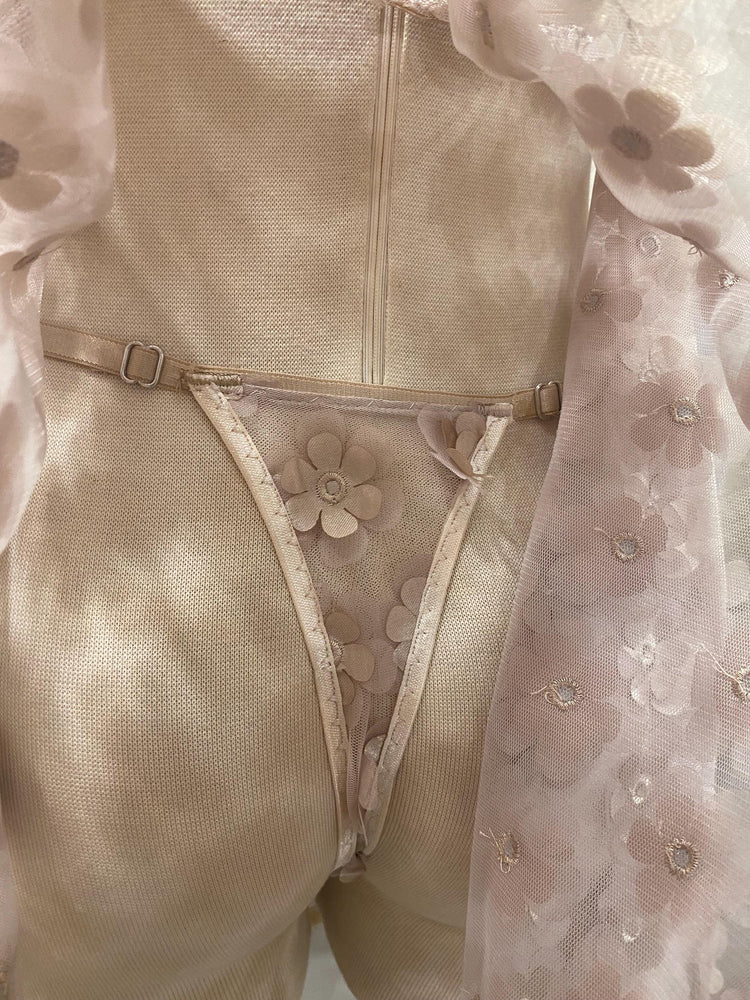 Luxury Floral Babydoll Lingerie Set, 3D Flower Sheer Mesh Nightgown, Bridal Lingerie, Honeymoon Gift, Handmade Lingerie, Ivory Nude