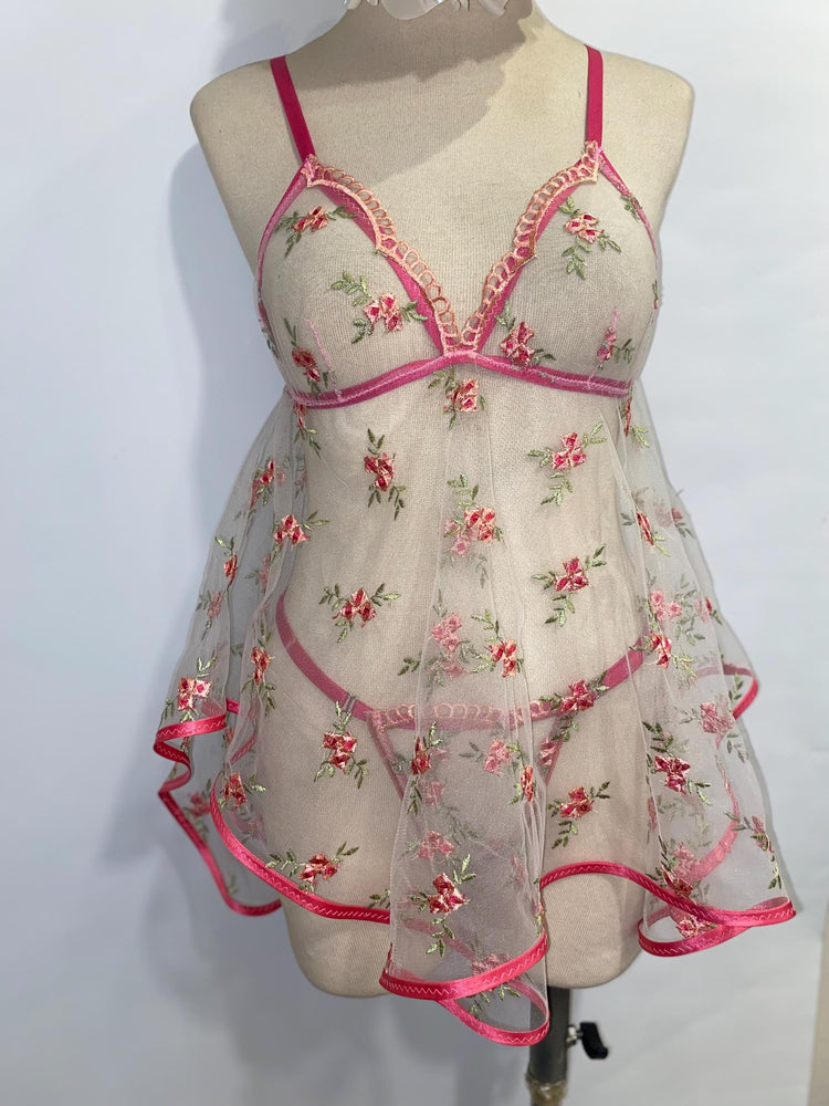 Embroidered Floral Lingerie Set, Sheer Babydoll Skirt, Pink Lace Bridal Nightgown