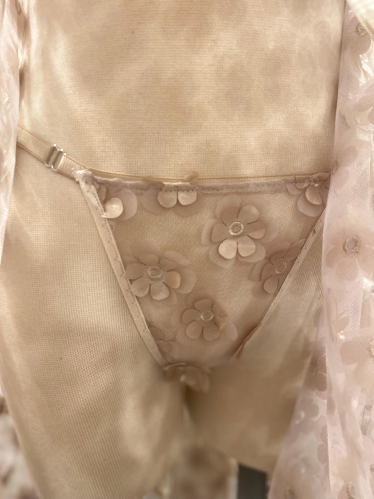 Luxury Floral Babydoll Lingerie Set, 3D Flower Sheer Mesh Nightgown, Bridal Lingerie, Honeymoon Gift, Handmade Lingerie, Ivory Nude