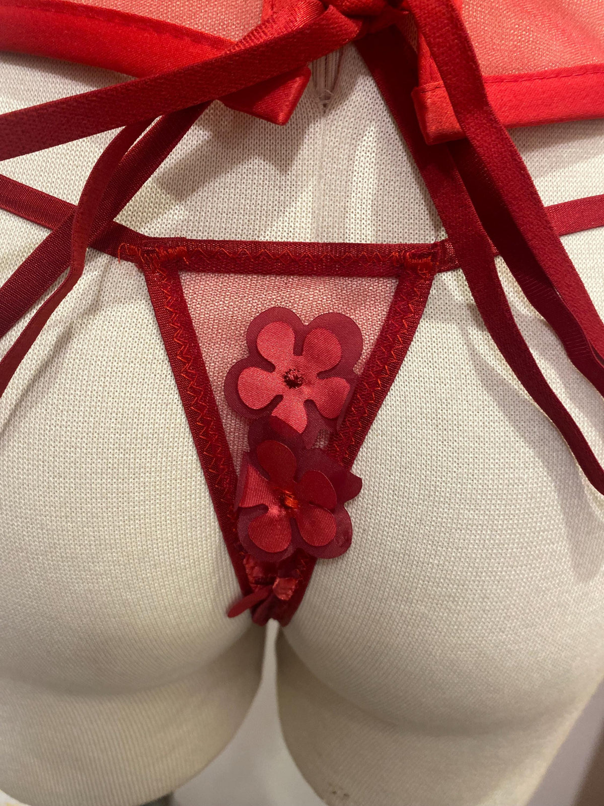 Red 3D Floral Corset Lingerie Set • Mesh Bustier with Appliqué Flowers • Christmas Gift for Her • Sexy Holiday Outfit
