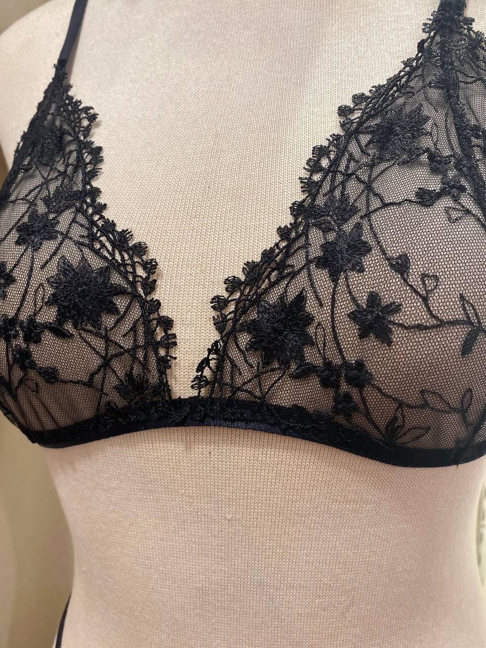 Handmade Black Floral Lace Lingerie Set,Sheer Triangle Bra and Thong