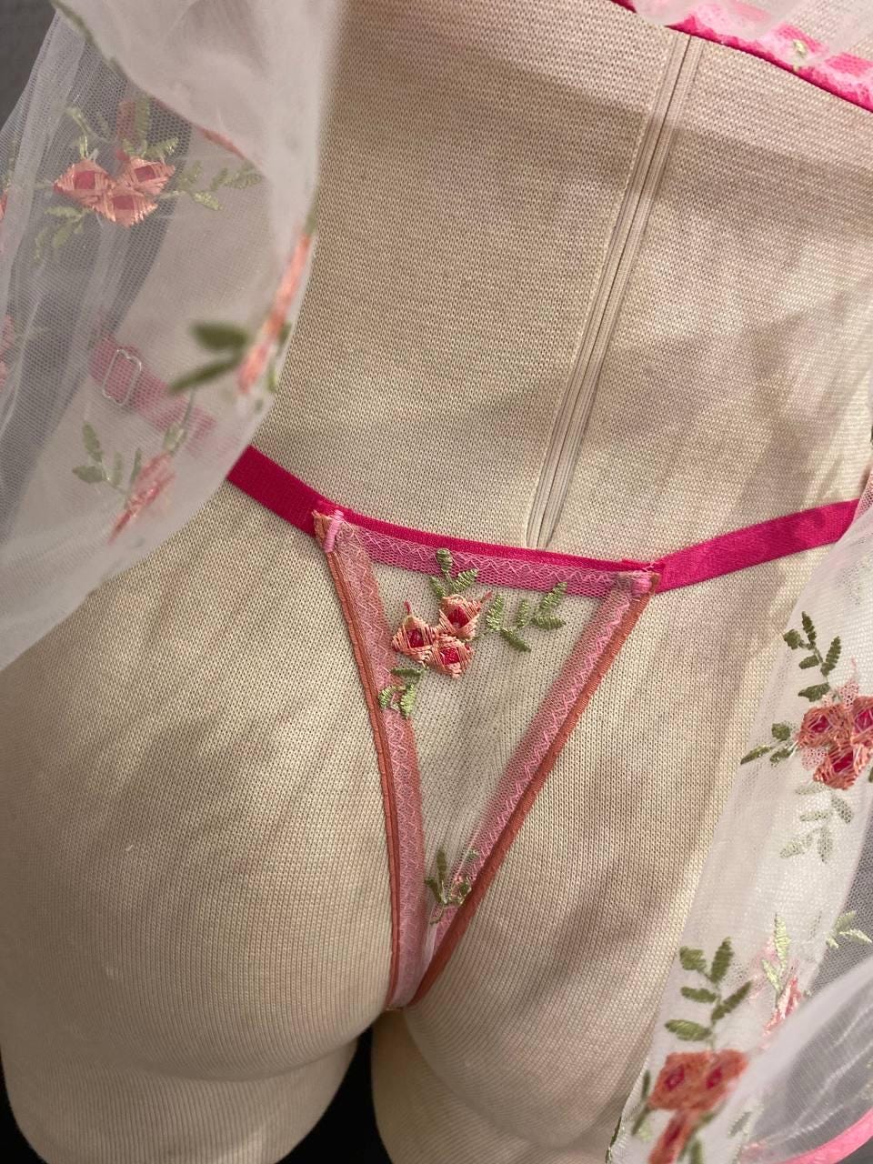 Embroidered Floral Lingerie Set, Sheer Babydoll Skirt, Pink Lace Bridal Nightgown