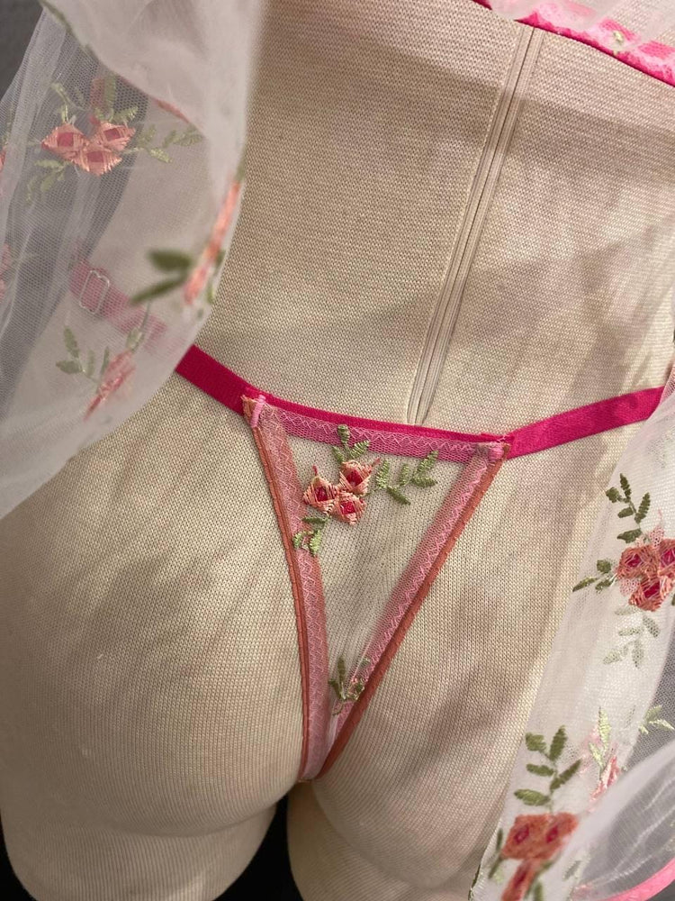 Embroidered Floral Lingerie Set, Sheer Babydoll Skirt, Pink Lace Bridal Nightgown