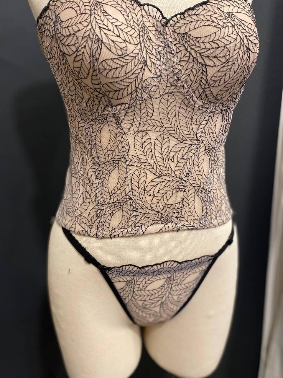 Embroidered Leaf Corset Top with Matching Panty | Nude Mesh Bustier Set | Black Botanical Lace Bodice | Fairycore Gothic Lingerie