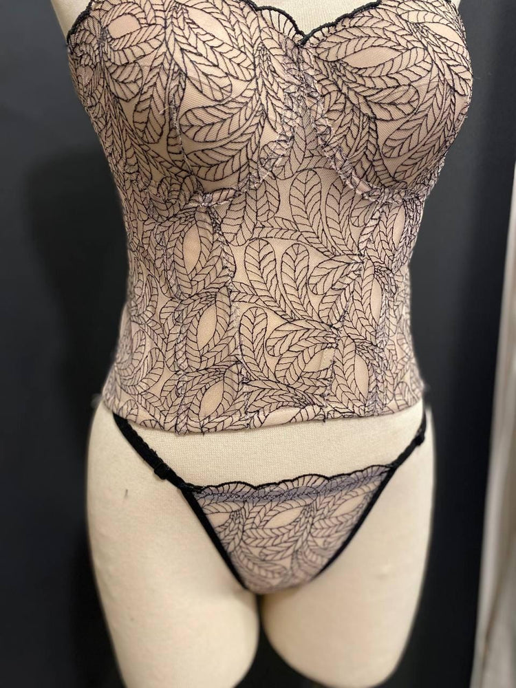 Embroidered Leaf Corset Top with Matching Panty | Nude Mesh Bustier Set | Black Botanical Lace Bodice | Fairycore Gothic Lingerie